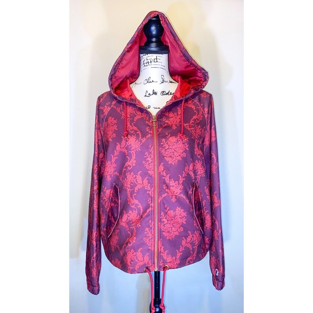 Champion Paisley Floral Cropped Track Jacket Size MED Maroon Sporty Full Zip